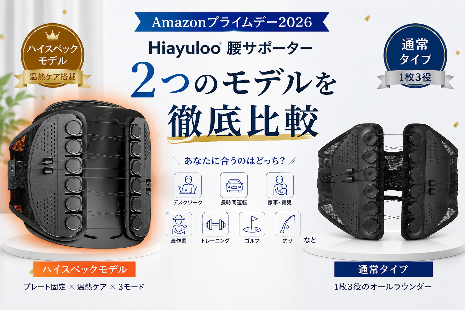 【Amazonプライムデー2026】Hiayuloo腰サポーターをお得に。通常タイプとハイスペックモデルの違いを比較